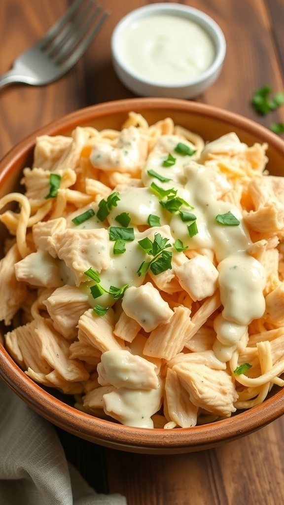 Creamy shredded low carb chicken in a bowl, garnished with herbs, on a rustic table.